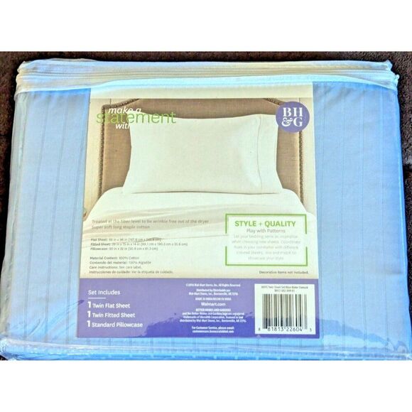 Blue Water Damask Twin Bedding Sheet Set 300 Thread Count Blue Stripe 3-Piece - Picture 3 of 5